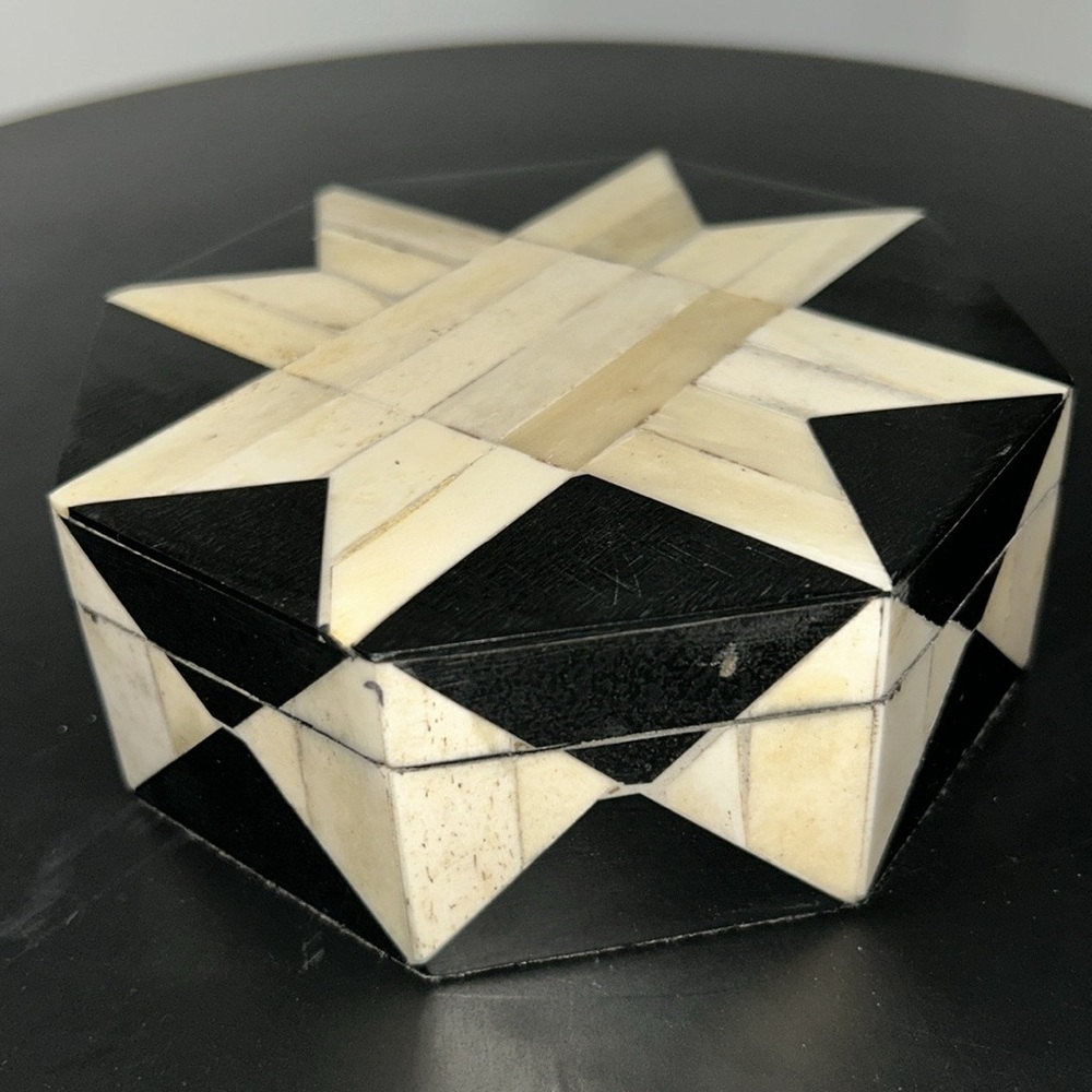 Vintage Geometric Octagon Starburst Bone and Wood Box
